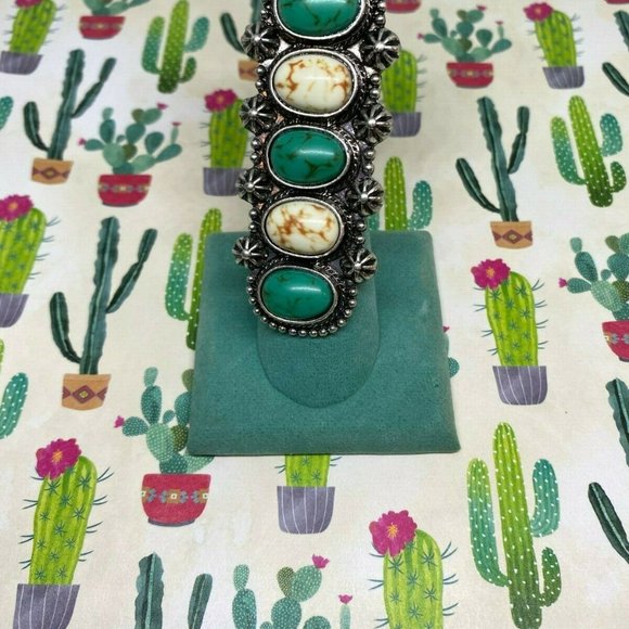 Green Turquoise White Buffalo Silver Ring adjstbl - Picture 5 of 9